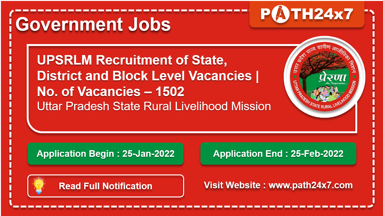 UPSRLM Recruitment of State, District and Block Level Vacancies, No. of Vacancies - 1502, Important Dates, Application Fees, Age Limit, Educational Criteria, Physical Criteria, Vacancy Details, How to Apply By Online | Uttar Pradesh State Rural Livelihood Mission